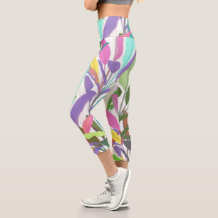 Tropisch farbenfrohe Banana Blätter Weißes Muster Capri Leggings