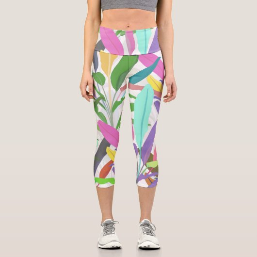 Tropisch farbenfrohe Banana Blätter Weißes Muster Capri Leggings (Vorderseite)