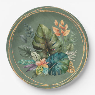 Tropisch farbenfrohe Palmen Blätter Goldhochzeit Pappteller