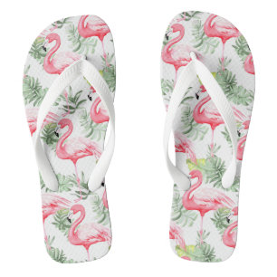 Tropisch farbenfroher Flamingo und Blätter Badesandalen