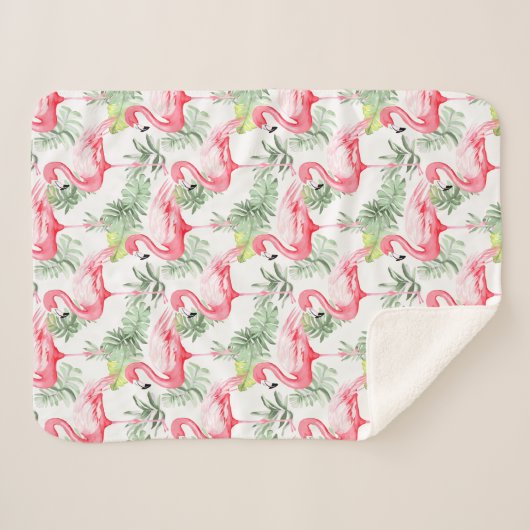 Tropisch farbenfroher Flamingo und Blätter Sherpadecke (Vorderseite (Horizontal))