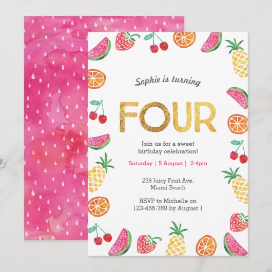 Tropisch fruchtig Pink Gold 4. Geburtstag Einladun Einladung (Vorne/Hinten)
