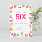 Tropisch fruchtig Rosa 6. Geburtstag Einladung (Stehend Vorderseite)