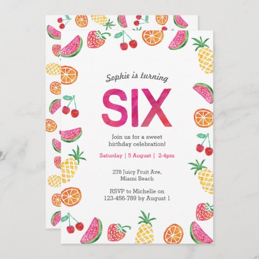 Tropisch fruchtig Rosa 6. Geburtstag Einladung (Vorne/Hinten)