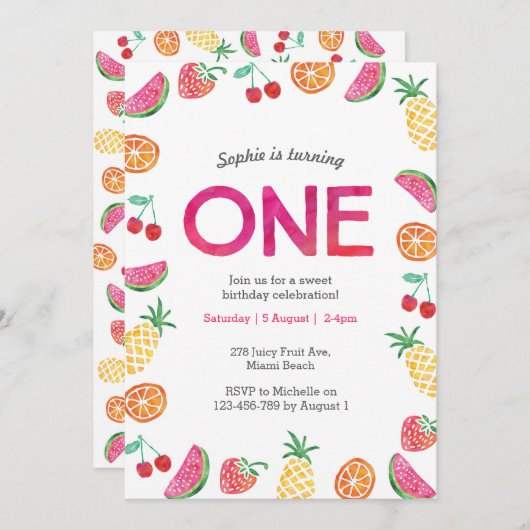 Tropisch fruchtig Rosa Geburtstag Einladung (Vorne/Hinten)