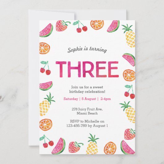 Tropisch fruchtig Rosa Geburtstag Einladung (Vorderseite)