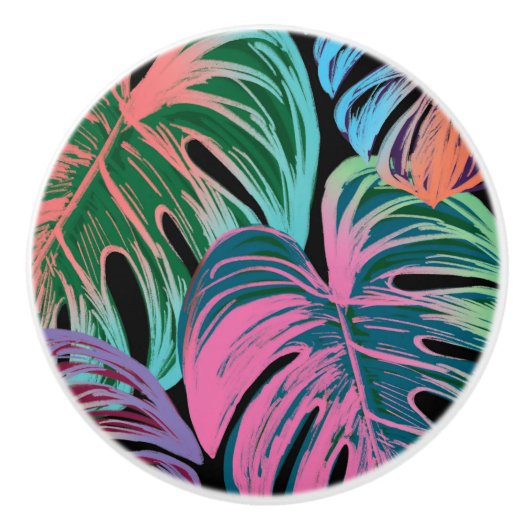 Tropisch gemalt Monstera rosa grünes Blau schwarz Keramikknauf (Vorderseite)