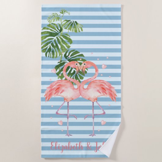 Tropisch, gestreift, Flamingos in Liebe Strandtuch (Vorderseite)