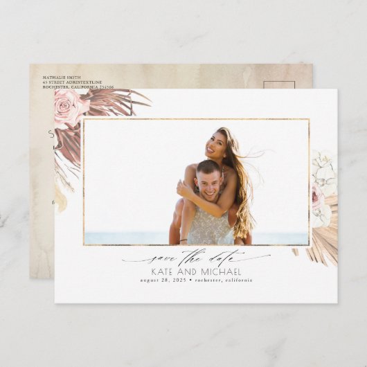 Tropisch getrocknetes Palmblätterblatt Save the Da Ankündigungspostkarte (Vorne/Hinten)