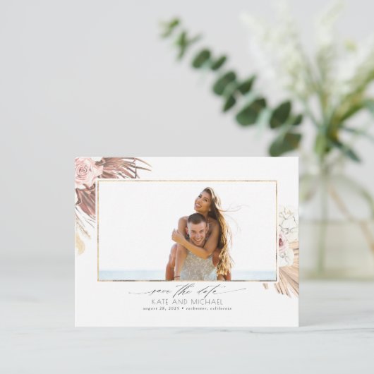 Tropisch getrocknetes Palmblätterblatt Save the Da Ankündigungspostkarte (Stehend Vorderseite)