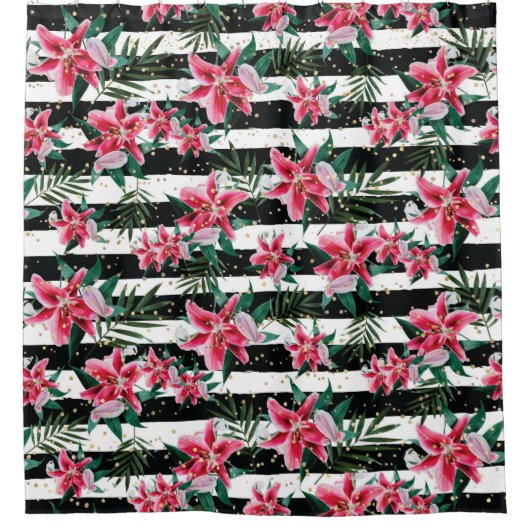 Tropisch glatte Blume Schwarz-Weiß Streifen Duschvorhang (Vorderseite)