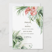 Tropisch grüne Blätter Anthurium Blume Hochzeit Einladung (Vorderseite)