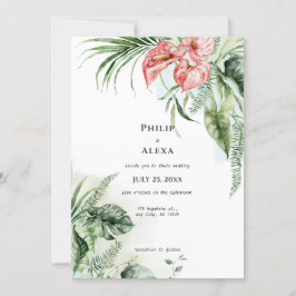 Tropisch grüne Blätter Anthurium Blume Hochzeit Einladung