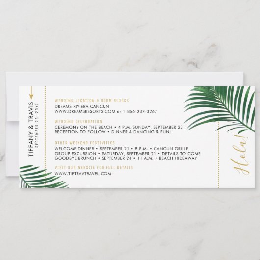 Tropisch grüne Blätter Boarding Pass Rett Date Car Ankündigung (Rückseite)