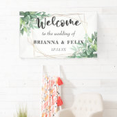 Tropisch grüne Blätter Gold-Rahmen-Hochzeitskuliss Banner (Insitu)