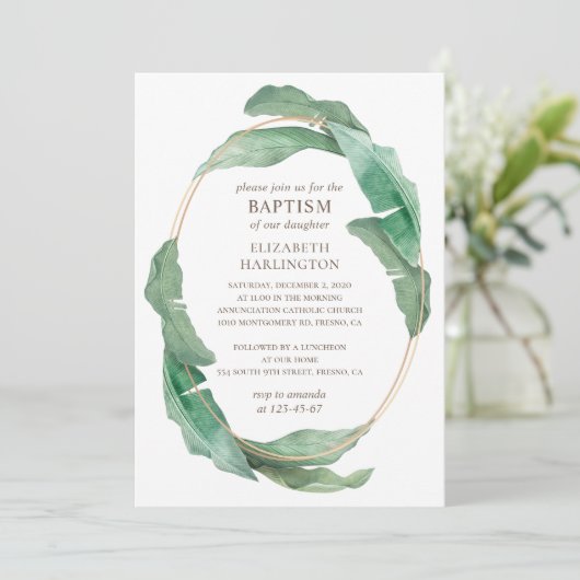 Tropisch grüne Blätter. Grüne botanische Taufe Einladung (Stehend Vorderseite)