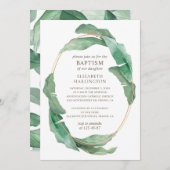 Tropisch grüne Blätter. Grüne botanische Taufe Einladung (Vorne/Hinten)