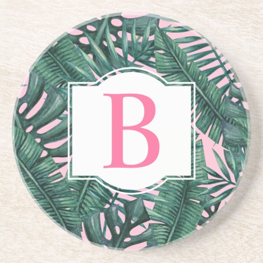 Tropisch grüne Palm Blätter Rosa Monogramm Getränkeuntersetzer (Vorne)