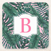 Tropisch grüne Palm Blätter Rosa Monogramm Rechteckiger Pappuntersetzer (Vorderseite)