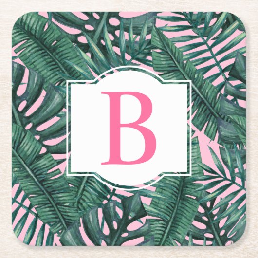 Tropisch grüne Palm Blätter Rosa Monogramm Rechteckiger Pappuntersetzer (Vorderseite)
