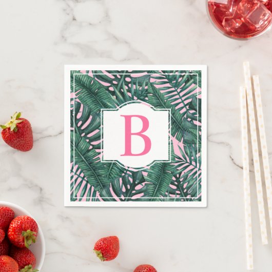 Tropisch grüne Palm Blätter Rosa Monogramm Serviette (Beispiel)