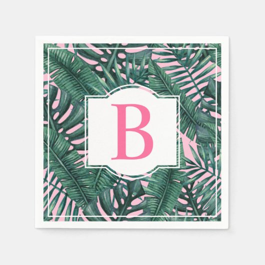 Tropisch grüne Palm Blätter Rosa Monogramm Serviette (Vorderseite)