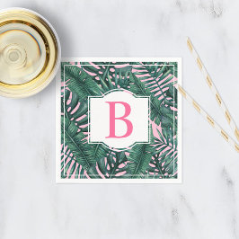 Tropisch grüne Palm Blätter Rosa Monogramm Serviette
