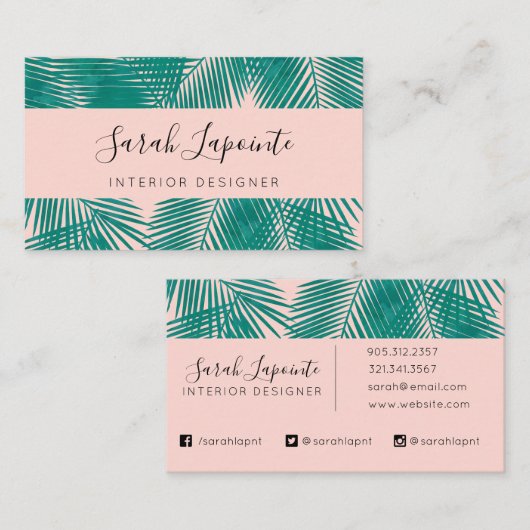 Tropisch grüne Palmen Blätter Trendy Design auf ro Visitenkarte (Vorne/Hinten)