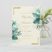 Tropisch-grüner Elfenbeingoldblütenhochzeit Glitze Einladung (Stehend Vorderseite)