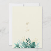 Tropisch-grüner Elfenbeingoldblütenhochzeit Glitze Einladung (Rückseite)