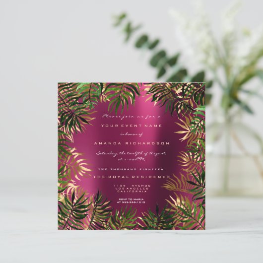 Tropisch grüner Palmblätterrahmen Himbeere Rosa Go Einladung (Stehend Vorderseite)