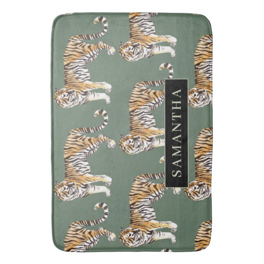 Tropisch grünes Aquarellmuster mit Namen Badematte (Vorderseite Vertikal)