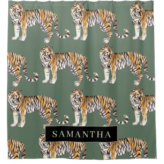 Tropisch grünes Aquarellmuster mit Namen Duschvorhang (Vorderseite)