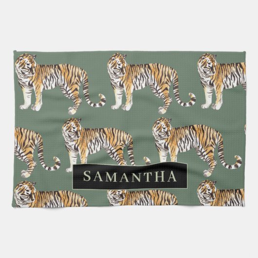 Tropisch grünes Aquarellmuster mit Namen Geschirrtuch (Horizontal)