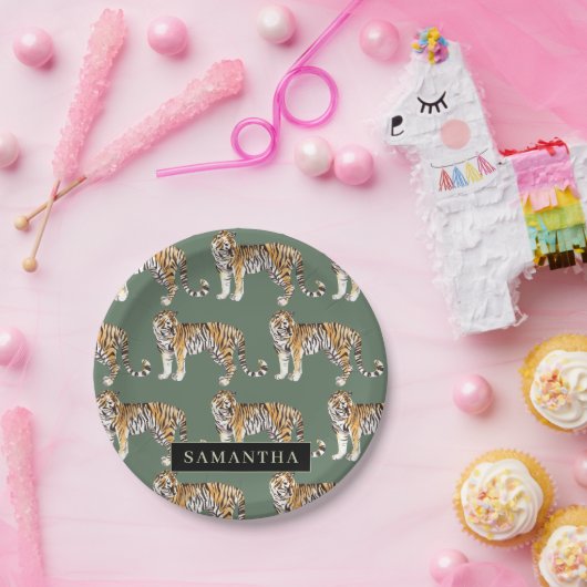 Tropisch grünes Aquarellmuster mit Namen Pappteller (Party)