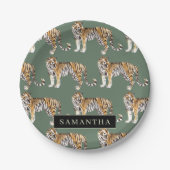 Tropisch grünes Aquarellmuster mit Namen Pappteller (Vorderseite)