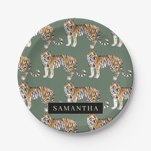 Tropisch grünes Aquarellmuster mit Namen Pappteller (Vorderseite)