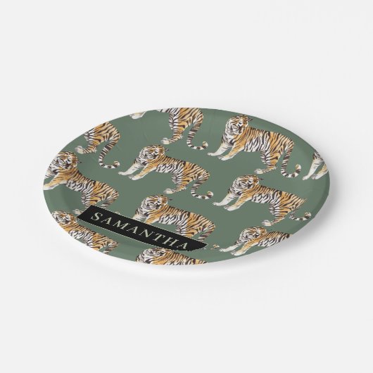 Tropisch grünes Aquarellmuster mit Namen Pappteller (Schrägansicht)