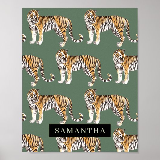 Tropisch grünes Aquarellmuster mit Namen Poster (Vorne)