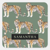 Tropisch grünes Aquarellmuster mit Namen Quadratischer Aufkleber (Vorderseite)