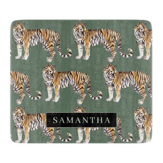 Tropisch grünes Aquarellmuster mit Namen Schneidebrett (Vorderseite)