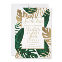 Tropisch-grünes Blattgold Save the Date Hochzeit