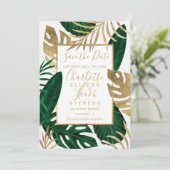Tropisch-grünes Blattgold Save the Date Hochzeit (Stehend Vorderseite)