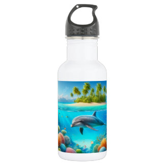 Tropisch/Hawaii farbenfroher Unterwasser-Delfin Edelstahlflasche