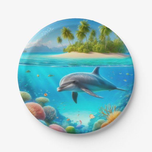 Tropisch/Hawaii farbiger Unterwasserdelphin Pappteller (Vorderseite)