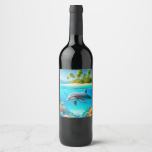 Tropisch/Hawaii farbiger Unterwasserdelphin Weinetikett