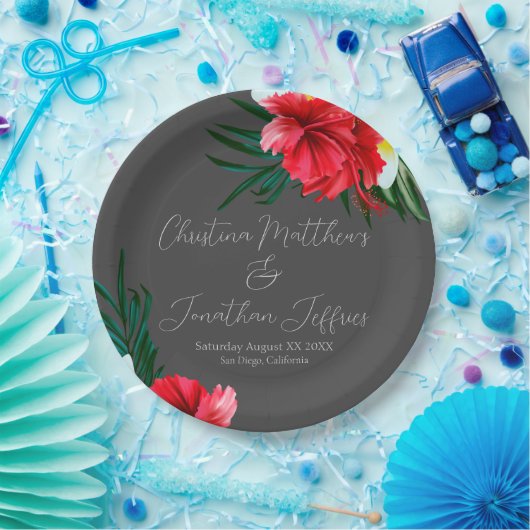 Tropisch-hawaiianische Blume auf Elegangrau Pappteller (Party)