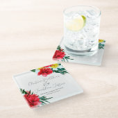 Tropisch-hawaiianische Blume auf elegantem Weiß Glasuntersetzer (Schrägansicht)