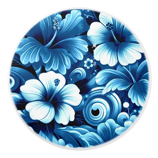 Tropisch-hawaiianische Blume Hibiskus Blaues Muste Keramikknauf (Vorderseite)