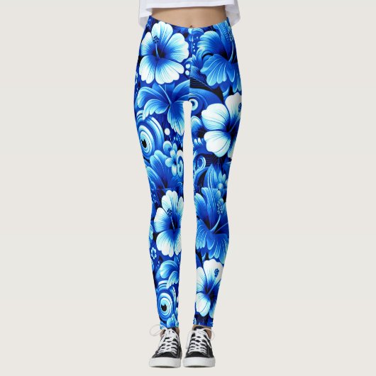Tropisch-hawaiianische Blume Hibiskus Cobalt Blue Leggings (Vorderseite)